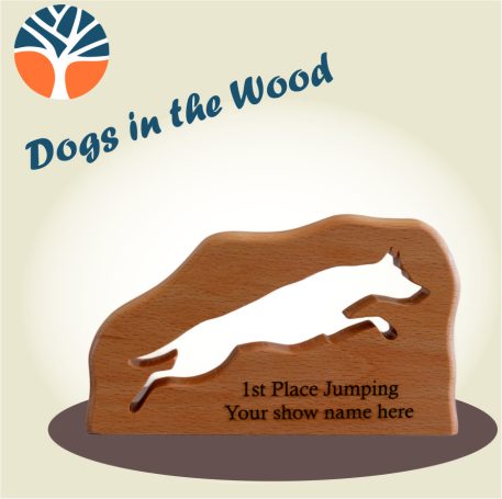 Wooden trophy cut from solid beech or oak with a leaping dog cut through and engraved with your message.