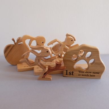 A collection of wooden trophies for dog agility and dog training.