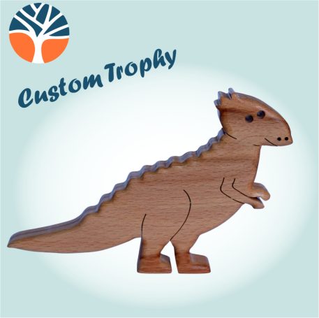 A wooden dinosaur trophy
