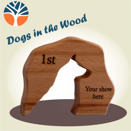 Wooden trophy cut from solid beech or oak with a silhouette of a dog's head cut through and engraved with your message.