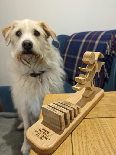 A proud dog sat with his new Grade 7 trophy